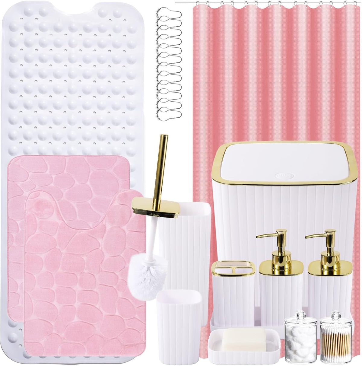 26PC Bathroom Set - Gorgeous White Bathroom Set, Bathroom Accessories Set, Pink Shower Curtain Set with Bathtub Mats for Shower Tub