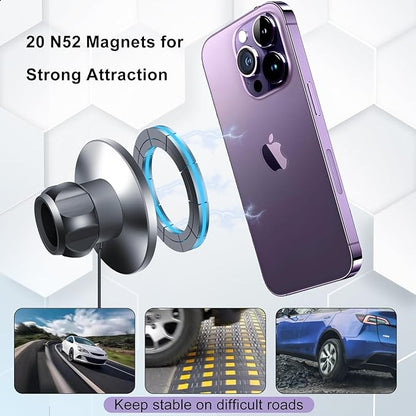 15W Wireless Fast Charging Phone Mount Holder for Tesla Model Y Model 3, Magnetic Phone Charger Compatible with iPhone 12 to 17 Series and Android, with 5ft C to C Cable (NOT fit Model 3 2024 2025)