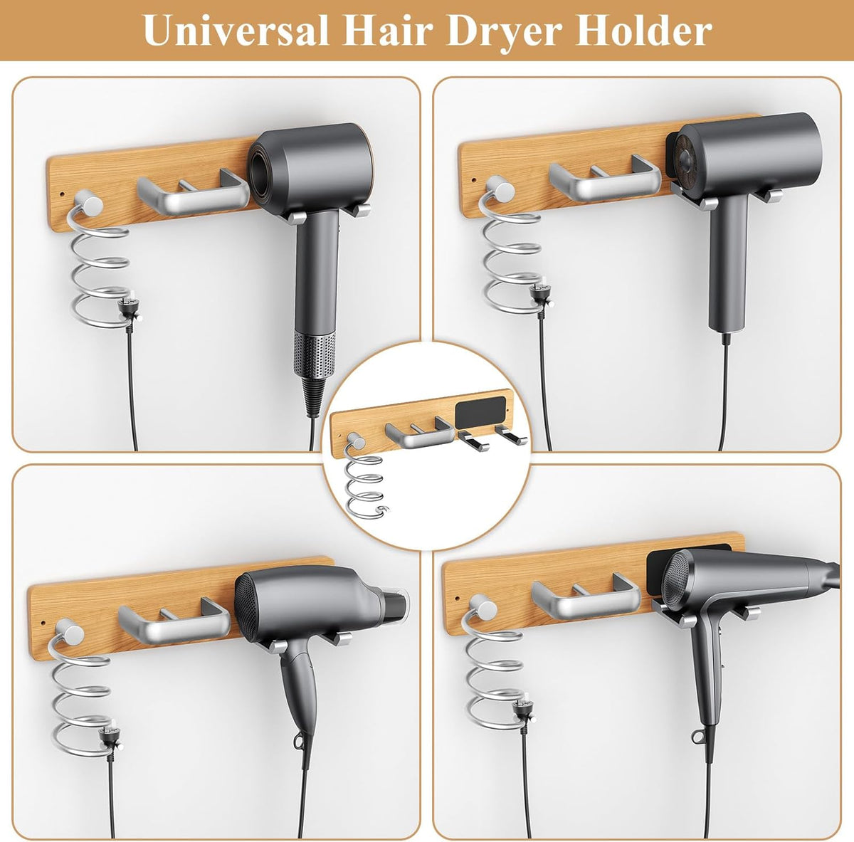 Tindbea Hair Dryer Holder Curling Iron Holder Flat Iron, Blow Dryer Holder Wall Mount, 3 in 1 Bathroom Hair Tool Organizer Rack for Universal Dryer, Cherry Wood Silver Color