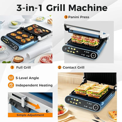 7-In-1 Sandwich Maker with LED Touch Panel & No-Stick Plates, Electric Panini