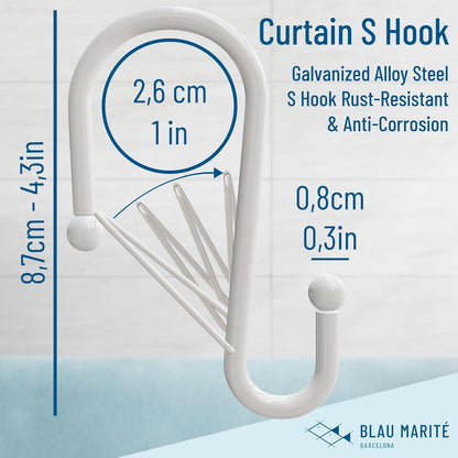 12 Decorative Metal Shower Curtain Hooks, S-Shaped Hooks with Anti-Fall System, Rust-Proof Shower Rings with Safety Buckle, Fits Rods Up to 1-Inch Diameter (S, White)
