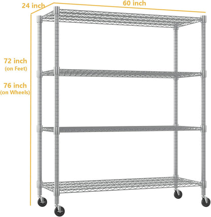 Himimi Storage Shelves 60"W Wire Shelving with Wheels 2600LBS Heavy Duty Metal Shelves for Storage, 4-Tier Adjustable Wire Rack Shelving Garage Shelving Kitchen Storage Shelves 24"Dx60"Wx72"H, Silver