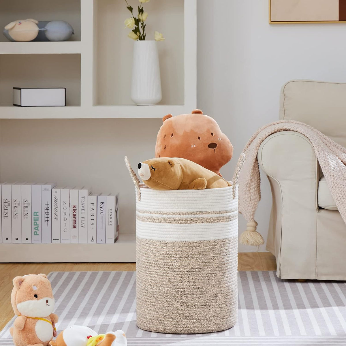 VIPOSCO Large Laundry Hamper, Tall Woven Rope Storage Basket for Blanket, Toys, Dirty Clothes in Living Room, Bathroom, Bedroom - 58L Brown & White