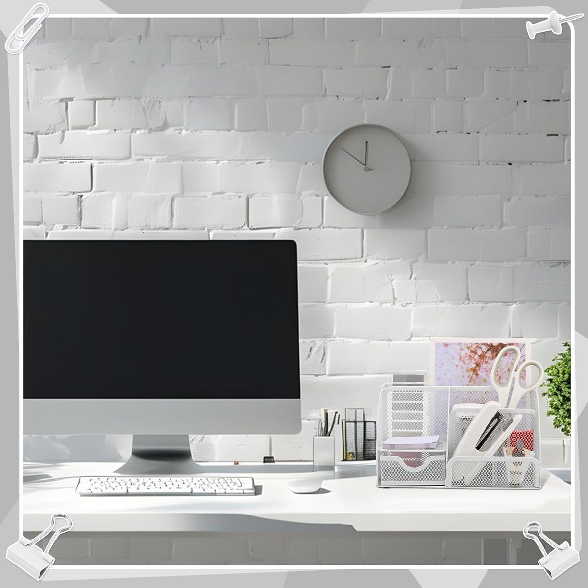 11 in 1 Desk Organizers and Accessories - White Office Supplies - Includes White Stapler, Tape Dispenser, Pen Holder, Staple Remover, Clips, Ruler, Scissors, Tapes, Tabs