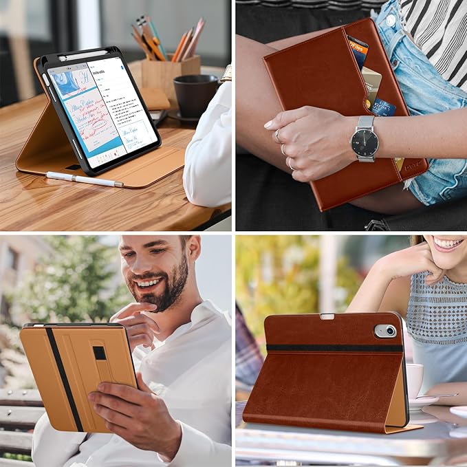 DTTO for iPad (A16) 11th Generation Case 11 Inch 2025, iPad 10th Generation Case 10.9 Inch 2022, Premium Leather Business Folio Stand Cover with Pencil Holder - Auto Wake/Sleep, SaddleBrown