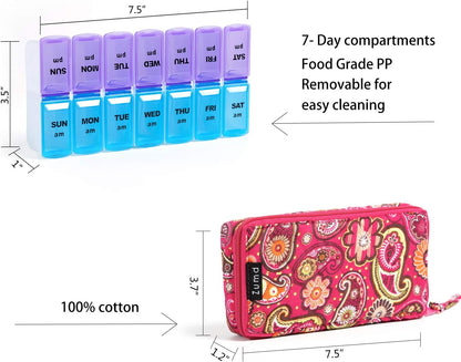 Weekly Pill Organizer 2 Times a Day, Zumd Pill Box 7 Day with Cute Quilted Fabric Zipper Case, Travel Pill Case Am Pm for Vitamin Medicine Organizer