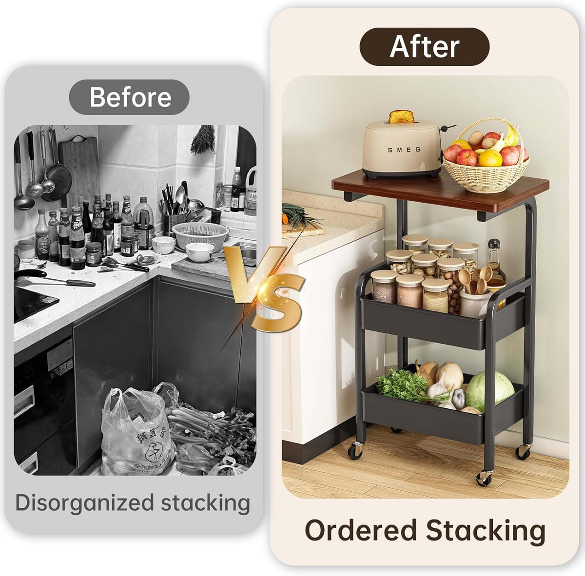 3 Tier Metal Rolling Utility Cart Organizer with Walnut Table Top, Stable and Sturdy Rolling Storage Carts with 2 Lockable Wheels for Kitchen，Bathroom，Snacks，Coffee，Craft，Makeup，Baby Essentials