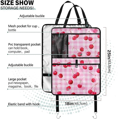 1 Pack Back Seat Car Organizer with Storage Pockets Kick Mats Back Seat Protector Hanging Car Organizer Automotive Seat Back Cover Organizers Pink Juicy Checkered Cherry