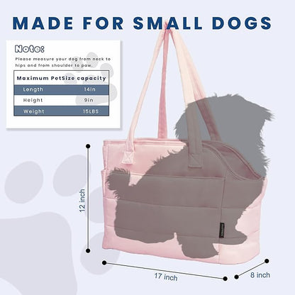 STRAODTIC Lightweight Dog Purse Carrier for Small Dogs Under 15 lbs, Puffy Quilted Pet Carrier Tote for Puppies with Safety Leash Clip, Women's Hands-Free Dog Carrier Bag for Travel/Shopping (Pink)