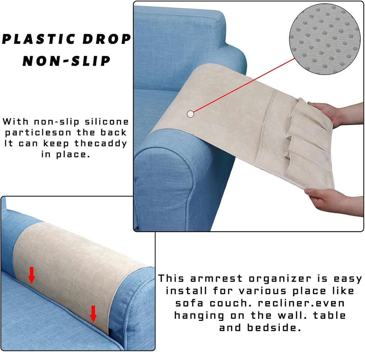NB Sofa Armrest Organize remote holder bedside caddy organizer with 5 pockets，non-slip couch remote control holder couch armchair caddy accessories (Beige, 35''x18'')