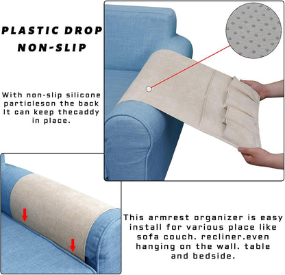 NB Sofa Armrest Organize remote holder bedside caddy organizer with 5 pockets，non-slip couch remote control holder couch armchair caddy accessories (Beige, 35''x18'')