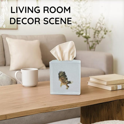 EmbroideryLinen.VN Tissue Box Cover Set of 2, Square Linen Tissue Holder, Printed Animal Pattern, 4.5x4.5x5.5 Inches, Decorative Holder for Bathroom, Living Room, Office (Eagle)