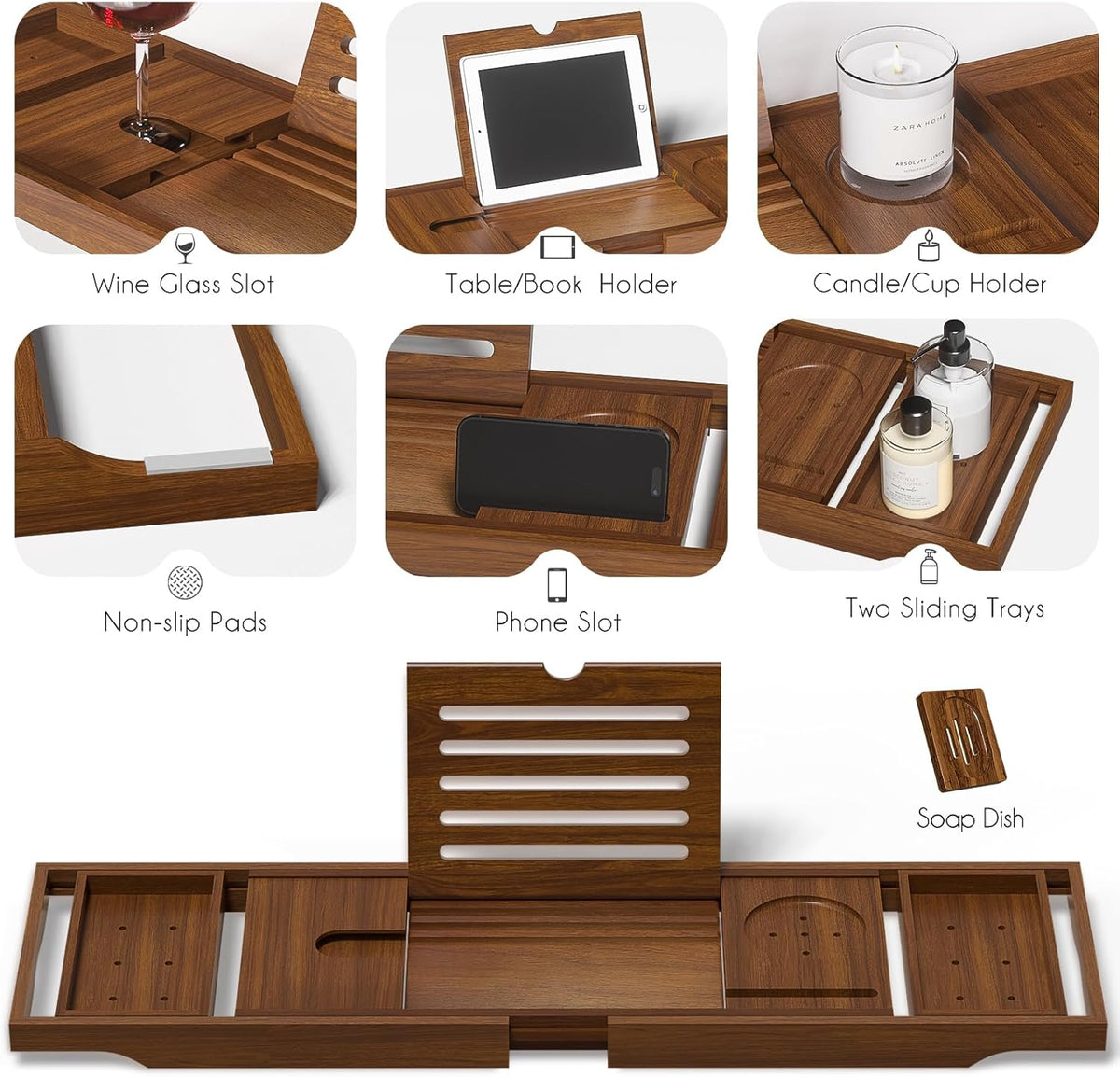 Wooden Bathtub Tray for Luxury Bathroom, Expandable Premium Teak Bath Tray, Adjustable Bath Accessories for Tub, as Unique Housewarming, Holiday, Birthday Gifts