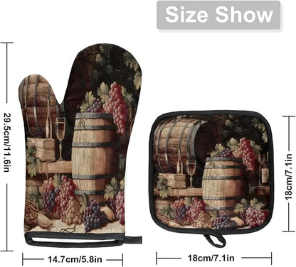Vintage Wine and Ripe Grapes Oven Mitts and Pot Holders Sets, 2 Pcs Decorative Kitchen Oven Glove for Cooking