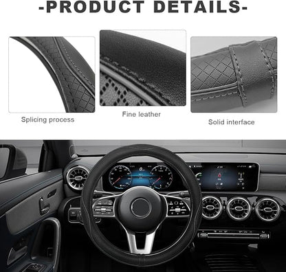 Car Steering Wheel Cover, 15 Inch Anti-Slip Breathable Leather Auto Steering Wheel Protector, Full Surround Soft Steering Wheel Cover for Men Women, Car Interior Accessories (Black & Gray)