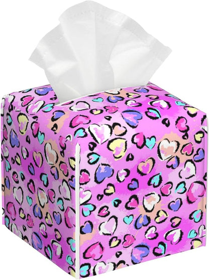 Colorful Heart Tissue Box Cover,Leopard Print PU Leather Tissue Box Holder Square,Modern Home Decoration for Bathroom Living Room Kitchen Office Car,5.2"×5.2"×5.2"