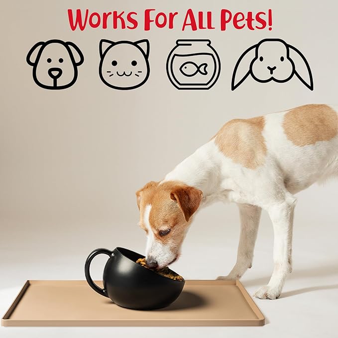 DogBuddy Dog Food Mat – Waterproof Dog Bowl Mat for Food and Water, Silicone Pet Feeding Mats for Floors, Non-Slip Placemat with High Edges for Dogs Bowls, Puppy Essentials (Large: 24"x16", Taupe)