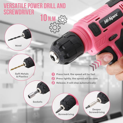 Hi-Spec 110pc Pink 8V USB Electric Power Cordless Womens Drill Driver Set.
