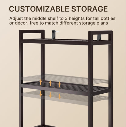 Gizoon Over The Toilet Storage, 3 Tier Bamboo Bathroom Organizer with Adjustable Shelf, Freestanding Above Toilet Stand, Bathroom Storage Shelf Rack