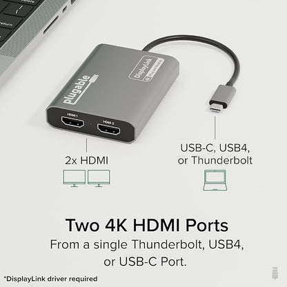Plugable USB C to HDMI Adapter, Dual Monitor 4K 60Hz
