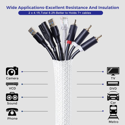 Cable Management Sleeves 1in - 2 Pack 6.6ft Split Braided Cable Sleeve White, Cord Protectors from Pets, Wire Organizers for Cords, Flexible Cord Wrap Wire Sleeve for Computer Cord Organizer