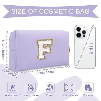 Personalized Makeup Bag Initial A-Z Preppy Patch Bag,Small PU Leather Travel Cosmetic Bag Pouch with Zipper,Purple Cute Toiletry Bag,Gift Ideal for Teen Girls Women Birthday Friend Mom,Latter F