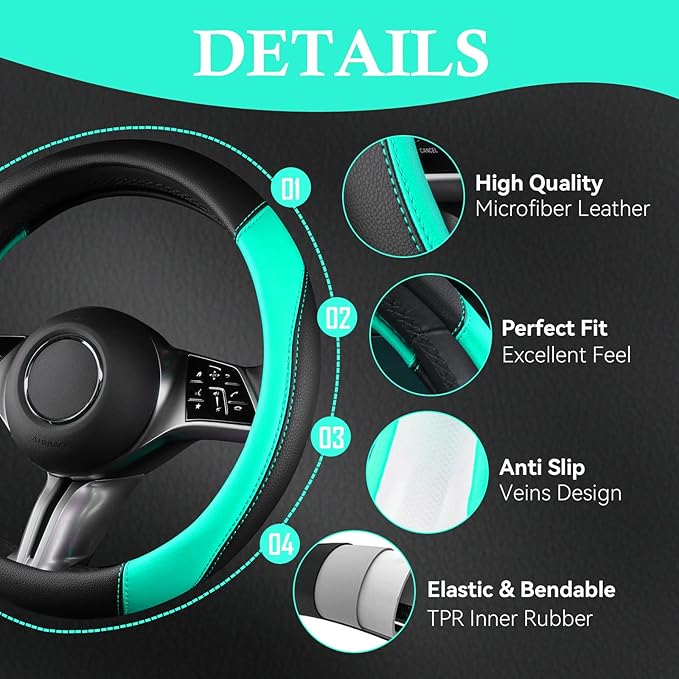 CAR PASS Faux Leather Steering Wheel Cover and Waterproof Car Floor Mats,Universal Car Combo Fit for 95% Sedan,SUV,Cars,14.5-15inch Sporty Anti-Slip Safety Comfortable Design(Black＆Mint)