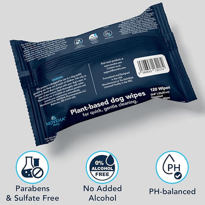 NOVEHA 120PCs Dog Wipes - Odor Eliminating and Cleaning Grooming Wipes for Dog's Paws, Body, and Butt - Perfect for Puppy and Adult Dogs - Plant-Based, Safe, Convenient & Large Unscented Wipes