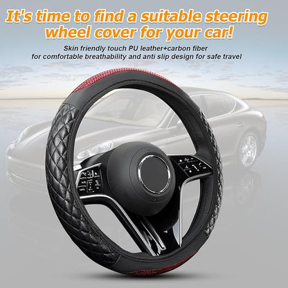 Car Steering Wheel Cover, 14.96" Leather Anti-Slip Vehicle Steering Wheel Protector with Fish Scale Graphic Grip, Automobile Interior Protection, Universal for Sedan Truck SUV (Red)