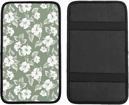 Hibiscus Flower Print Center Console Cover Tropical Floral Comfortable Armrest Pad Protector Car Accessories, Green Scratch Resistant Middle Arm Rest Console Covers
