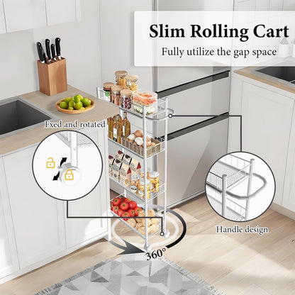 Utility Slim Storage Cart, 4-Tier Storage Cart, Narrow Cart with Handle, 7.1 Inches Deep, Metal Frame, for Kitchen, Dining Room, Living Room, Home Office, Rustic Brown and Classic (4 Tier White)