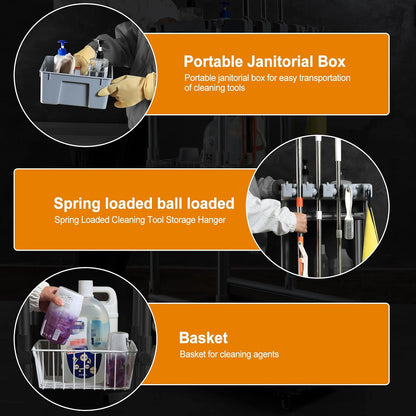 Rolling Cleaning Cart with Mop & Broom Organizer ， Convenient Storage Cart for Janitorial Supplies, Tools, and Cleaning Equipment ， Floor Cleaning Station with Wheels for Housekeeping, Garage &Garden
