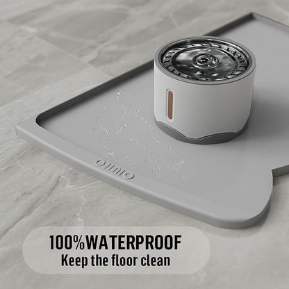 OHMO Dog Food Mat(Ash Light Grey, 24 * 15'') w/Residue Collection Pocket Silicone Pet Feeding Mat for Floor High Edges Anti Spills Waterproof Cat Water Bowl Tray, Easy Clean Placemat