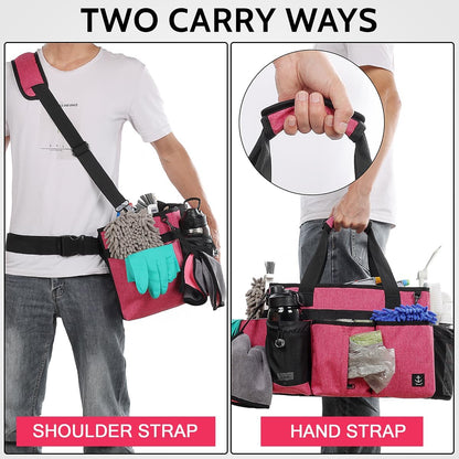Large Cleaning Caddy Bags Pink with Sturdy Support Board, Cleaning Organizer with Detachable Dividers, Cleaning Supply Tote with Adjustable Shoulder Strap & Waist Belt for Cleaners Housekeepers