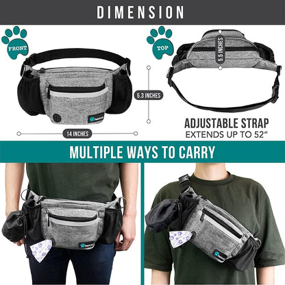 PetAmi Dog Fanny Pack, Treat Pouch for Dog Walking, Training, Built in Poop Bag Dispenser, Water Bottle Holder, Collapsible Bowl, Pet Treat Waist Belt for Hiking, Running, Kibbles (Grey)