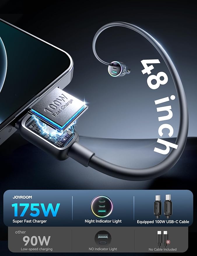 JOYROOM 175W Car Charger USB C Fast Charge, 3-Port Type C Super Fast Car Charger for iPhone 17 with USBC Cable, Cigarette Lighter Adapter for iPhone 17/16/15 Pro Max, Laptop, iPad, Samsung S25/S24/23