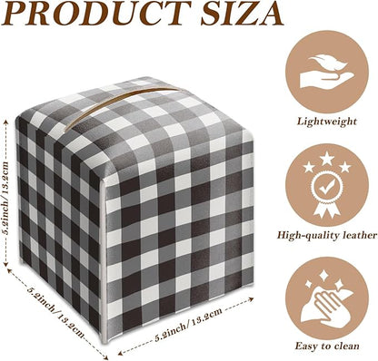 Black and White Buffalo Plaid Tissue Box Cover Square, Leather Tissue Holder with Bottom Belt, for Nightstands Desks Office Bathroom Car Vanity Home Decor Supplies -009