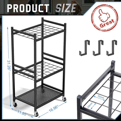 Garden Organizer With Wheels, Yard Tower Rack for Garage Storage, Up to 35 Long-Handled Tools, Sturdy Metal Steel Holder With 3 Hooks, Outdoor, Black