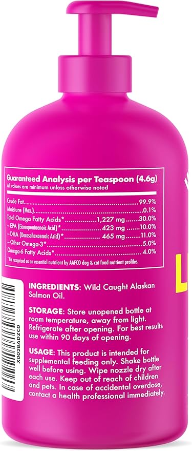 Wild Alaskan Salmon Oil for Dogs & Cats - Pure Fish Omega 3 6 9 Liquid EPA DHA Fatty Acids - Skin & Coat Supplement - Supports Joint Function, Brain, Eye, Immune & Heart Health - Made in USA 32 oz