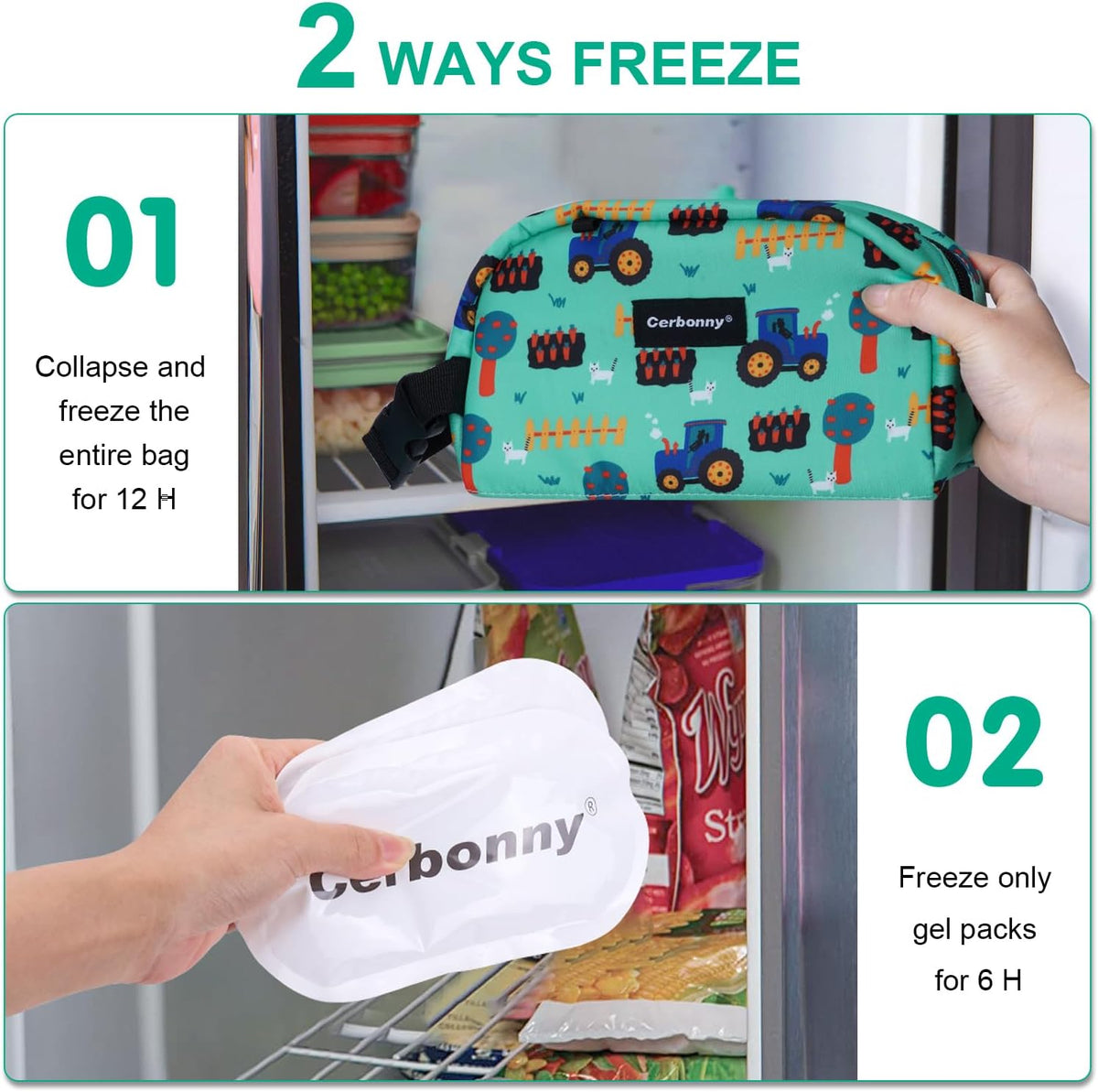 Cerbonny Freezable Cooler Bag for Work, School, Travel - Insulated, Fit for Yogurt, 3+ (Green Vehicle)