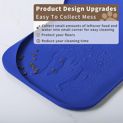 Smilool Silicone Pet Food Mat with Raised Edge for Food and Water Bowl, Dog Feeding Mats, Cat Food Trays for Floor Waterproof, Rubber Tray for Dogs and Cats, 17 x 12 x 0.7 Navy Blue