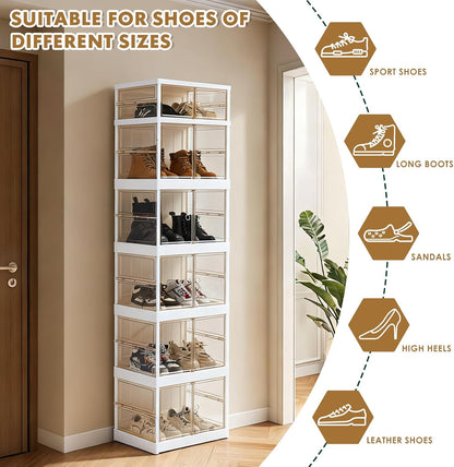 MGWILL Foldable Shoe Rack, Collapsible Shoe Organizers for Closet Plastic Clear Shoe Storage Box for Entryway, Large Stackable Sneaker Cabinet Bins Shoe Shelf with Magnetic Door 6 Tiers