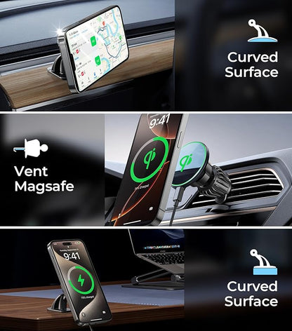 Car Mount for Qi2 MagSafe Wireless Charger, 2-in-1 Dashboard and Air Vent Mount, Strong Adhesive, Heat Resistant, 360° Rotation, Magnetic Phone Holder for Your Car Accessories for iPhone 16 Pro Max