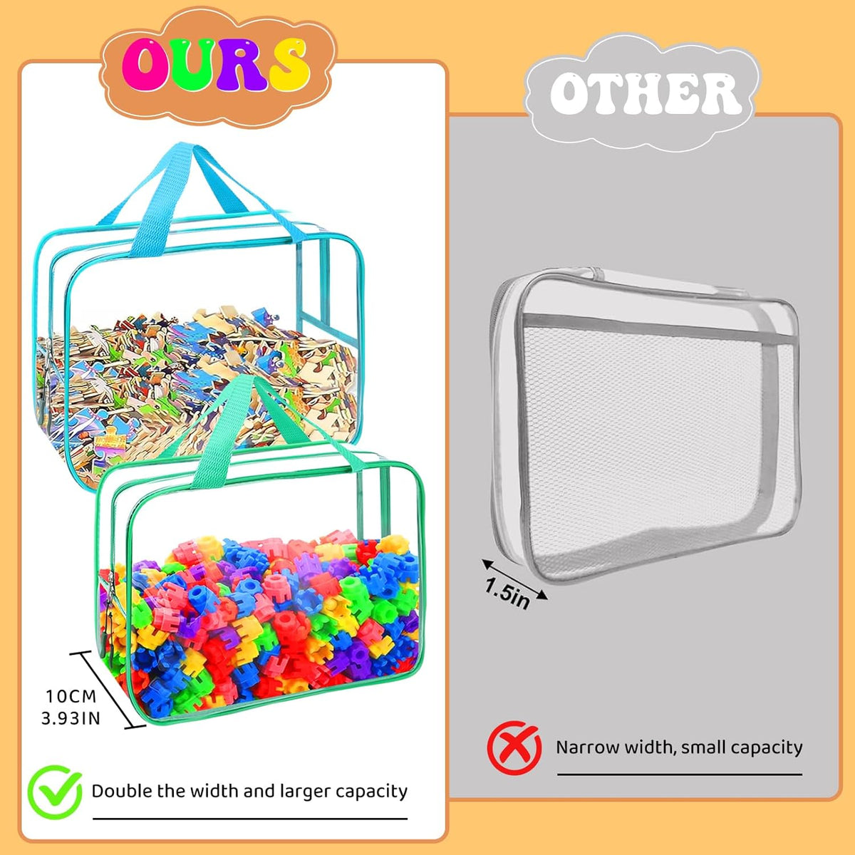 8 Packs 8 Colors Toy Storage Bags, Reusable Clear PVC Board Game Storage, Toy Storage Organizer Bags with Zipper for Building Blocks, Puzzle and Handmade Accessories, Clear Toiletry Bag
