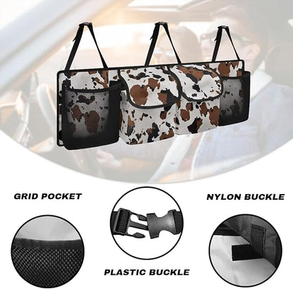 Car Trunk Organizer and Storage Backseat Hanging Organizer Brown Cow Print Car Accessories Oxford Cloth Washable Space-Saving Backseat Car Organizer for SUV/MPV/Truck/Sedan/Van