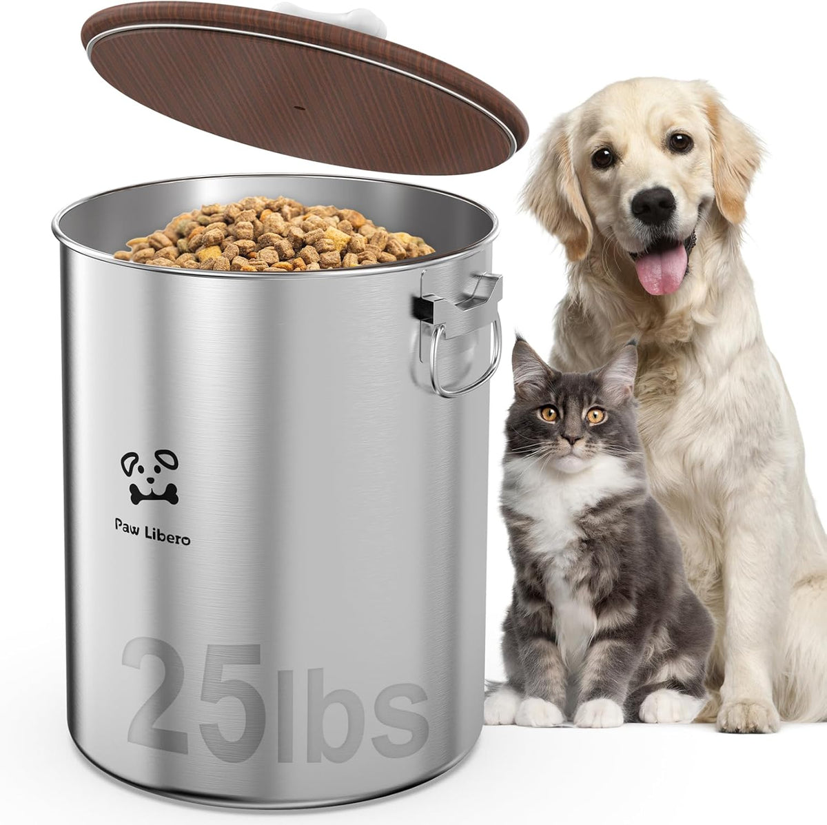 25 Lbs Stainless Steel Dog Food Storage Container with Airtight Wooden Lid & Ceramic Bone Handle, Large Metal Dog Food Bin for Dogs & Cats, Keep Fresh, Easy to Clean