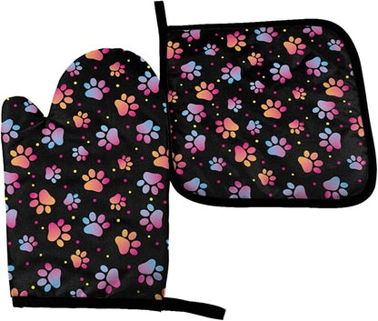 Dog Animal Paws Print Oven Mitts and Pot Holders Insulated Gloves & Kitchen Counter Safe Mats for Cooking BBQ Baking Grilling (2-Piece Set)