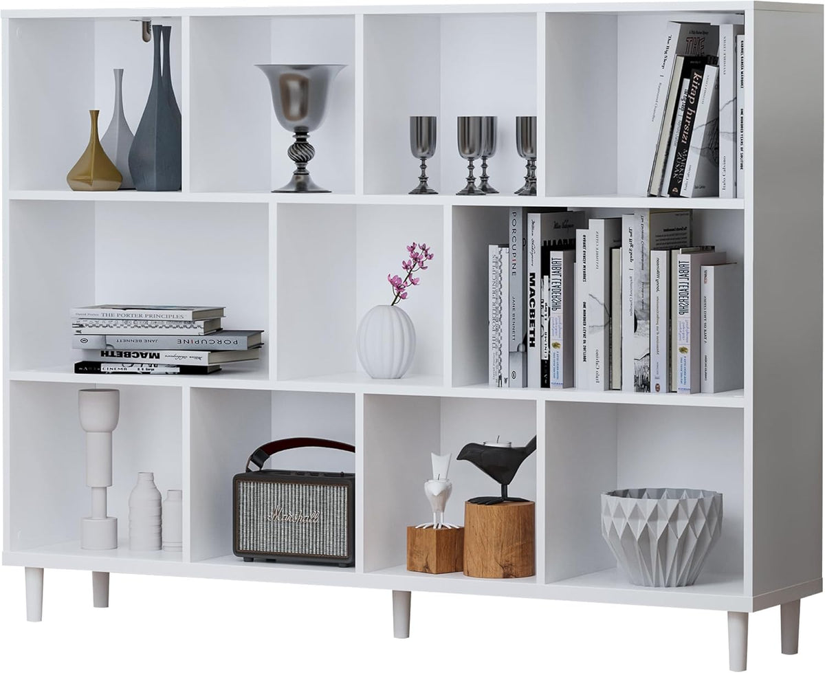 Wood Cube Storage Organizer White Bookshelf - 3-Tier Freestanding Storage Cabinet with Legs for Home Office, 11-Cubes Open Shelf