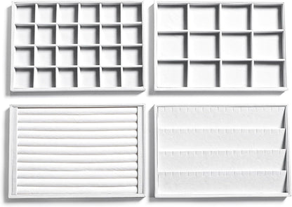 Frebeauty Stackable Velvet Jewelry Organizer Trays for Drawers Inserts Jewelry Storage Tray Display Case, Stud Earrings Bracelets Necklace Rings Accessories Trays for Women(Set of 4)(White)