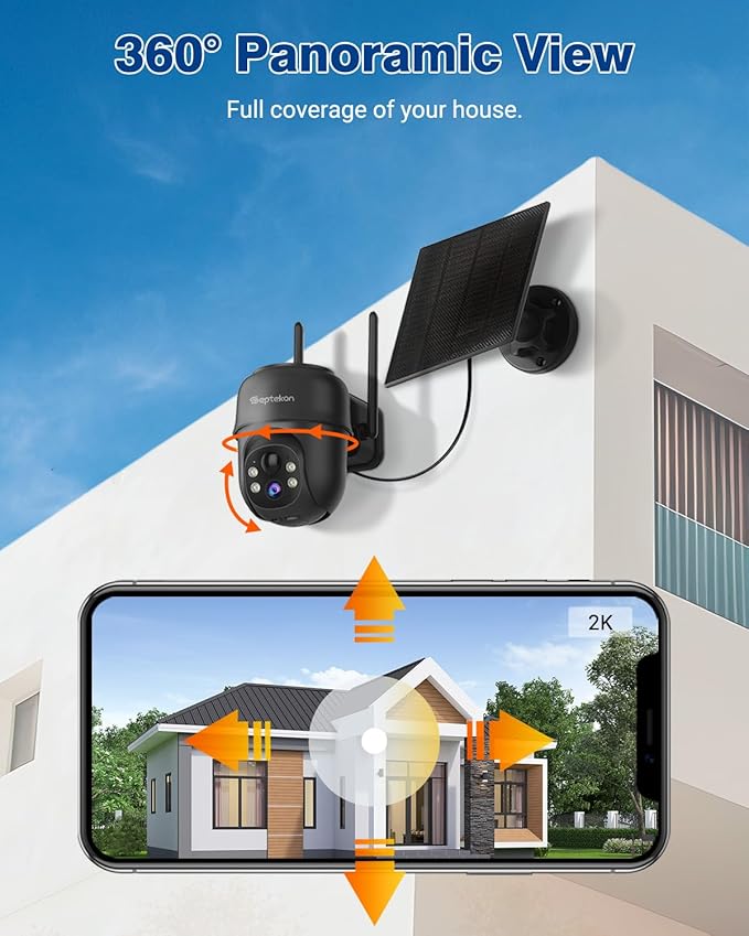 Septekon 2K Solar Security Cameras Wireless Outdoor 2 Pack, 360°PTZ Battery